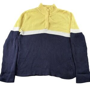 Liz Claiborne Yellow Navy Block Snap Mock Neck Knit Sweater Women‎ XL 100%cotton
